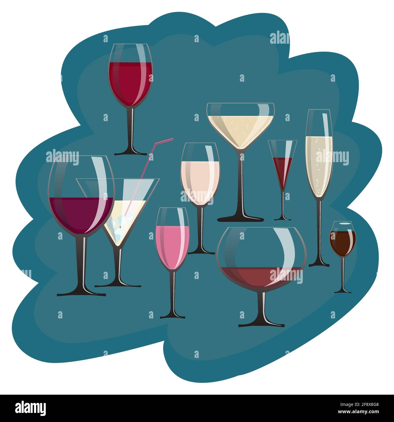 Set of glasses for wine and weak alcoholic beverages. The concept for the design of the menu in bars, restaurants or for postcards. On an abstract blu Stock Vector
