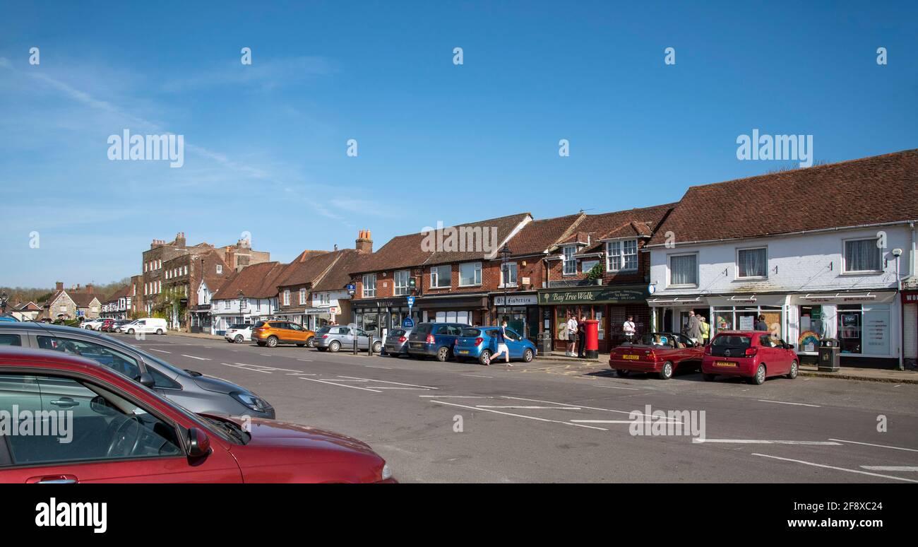 Wickham, Hampshire, England, UK. 2021. The Square  and its shops and houses in the historic village of Wickham, Hampshire, UK Stock Photo