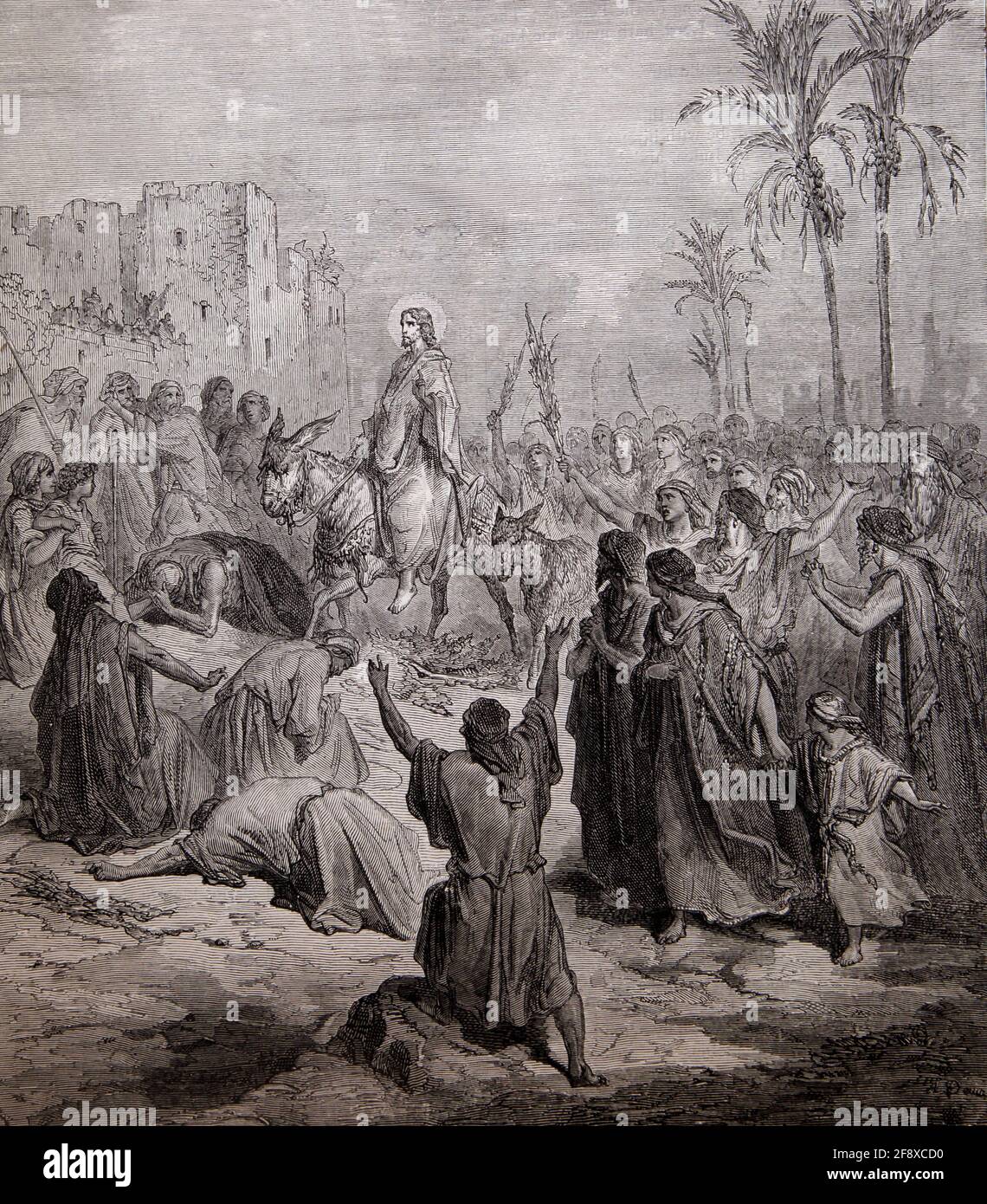 Bible Story Illustration Entry of Jesus into Jerusalem (Matthew 21:7-8) By Gustave Dore Stock Photo