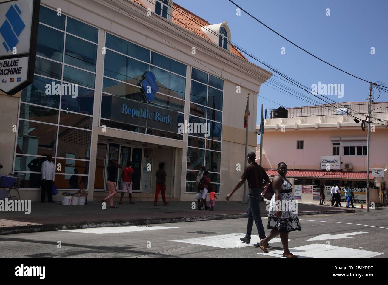 St Grenada Street Scene Republic bank Stock Photo Alamy