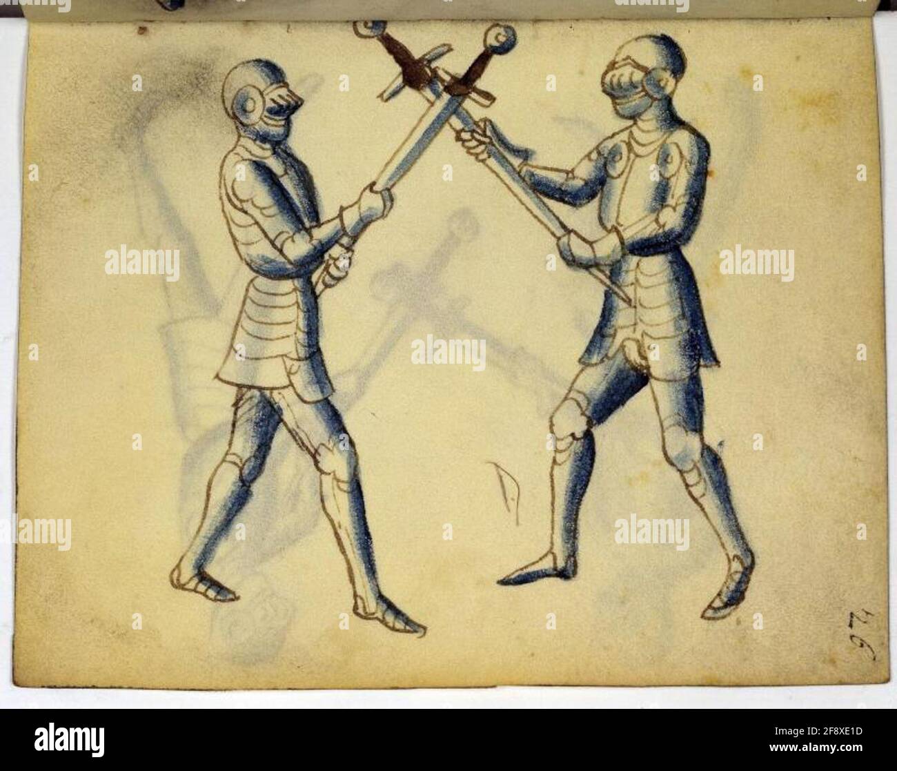 Cod. 11093, fol. 26r: Book on Swordsmanship and Wrestling Full page: fencing scene; pen and brush drawing, Southwestern Germany, mid-15th c. Stock Photo