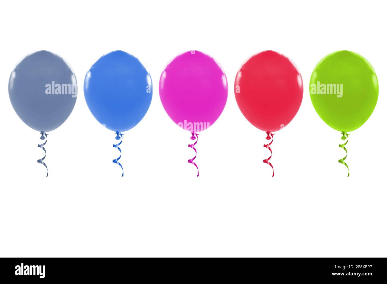 Many colorful balloons with ribbon on white background Stock Photo - Alamy