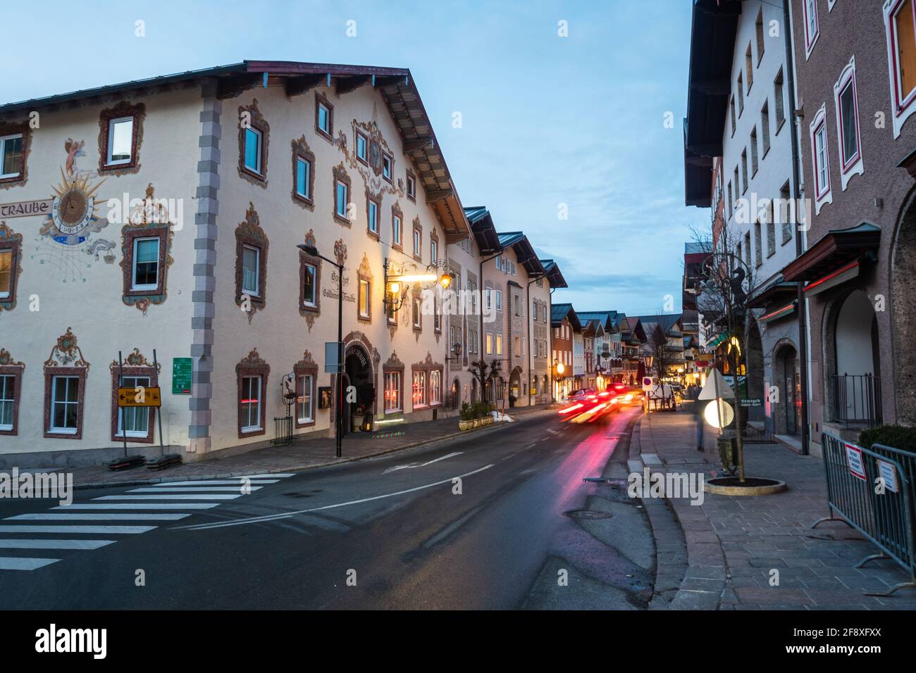 Golling Town in the Tennengau of Salzburg, Austria at Night, Markt Street at Dusk with Gasthof Goldene Traube Inn, Hotel and Restaurant Stock Photo