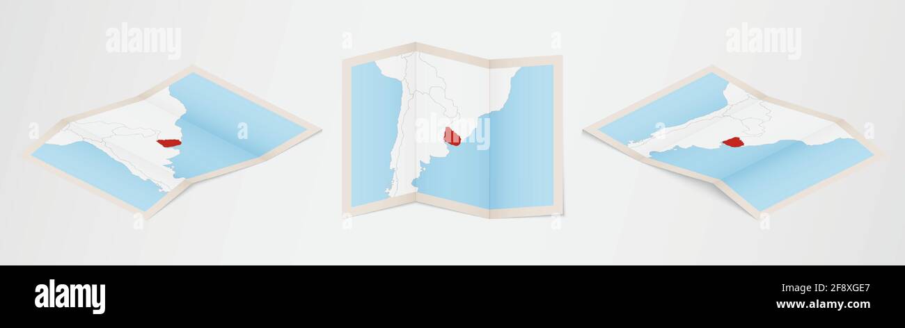Folded map of Uruguay in three different versions. Vector map of Uruguay. Stock Vector