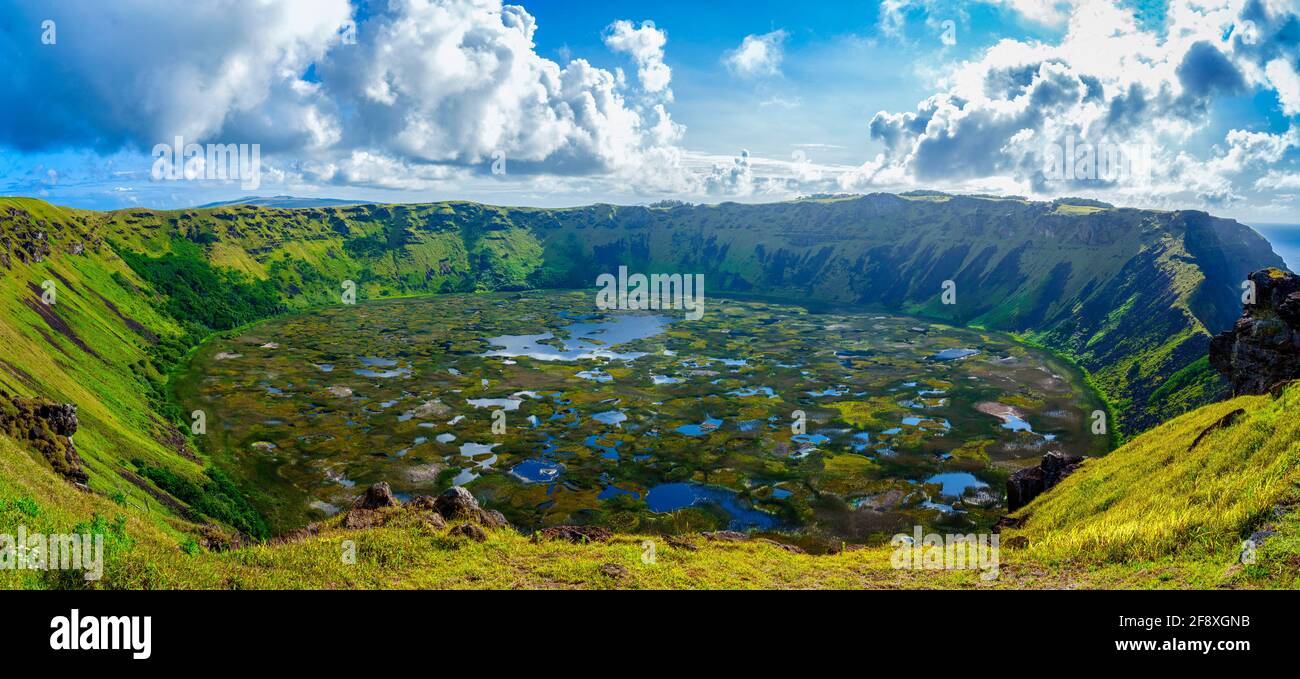 Rano Kau volcanic crater in Rano Kau National Park, Easter Island, Chile Stock Photo