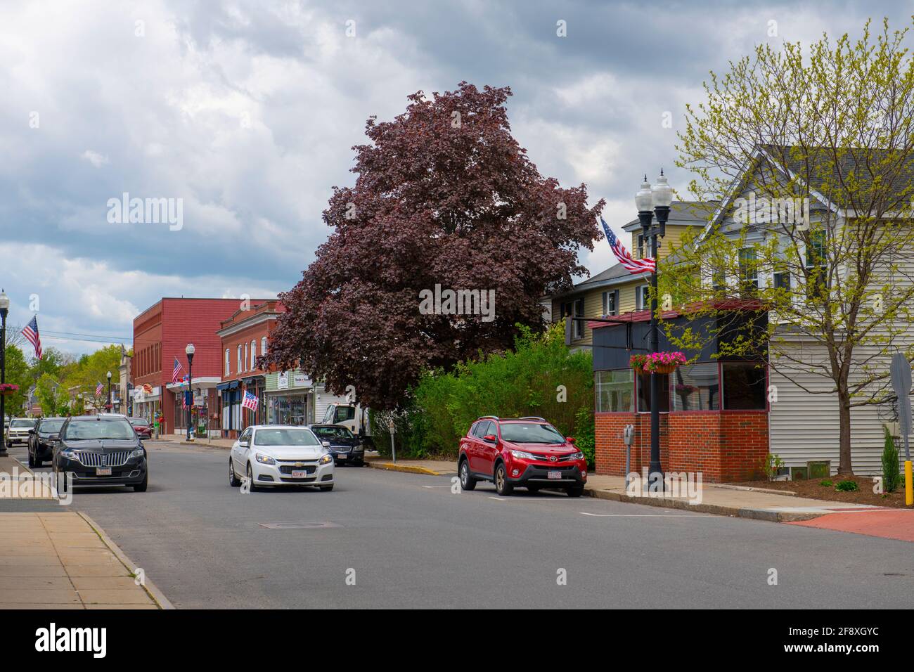 Historic commercial buildings on Main Street in Maynard historic town