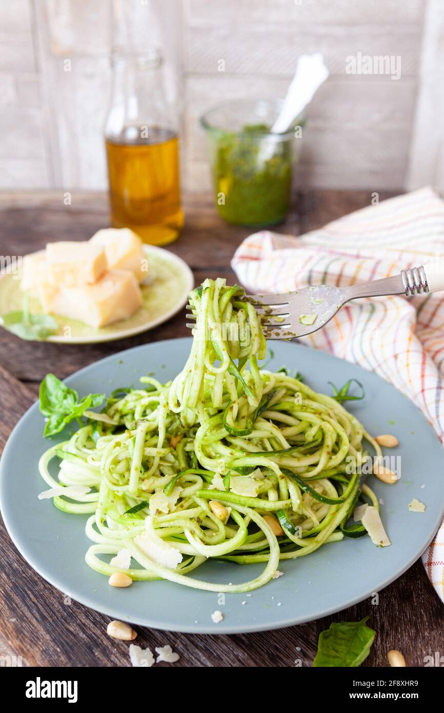 Zucchini Spaghetti With Basil Pesto Stock Photo Alamy