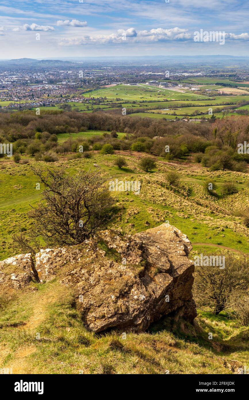 A view of Cheltenham Racecourse from the Cleeve Hill Escarpment, Gloucestershire, England Stock Photo
