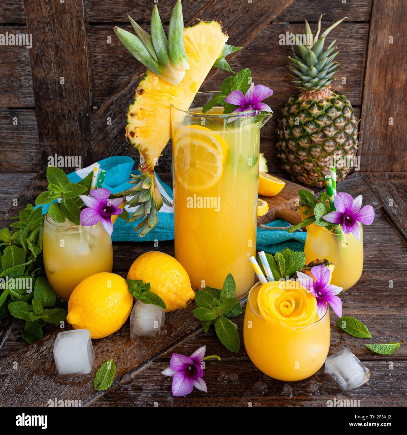 Refreshing Cocktail With Fresh Pineapple And Mint Leaves Stock Photo