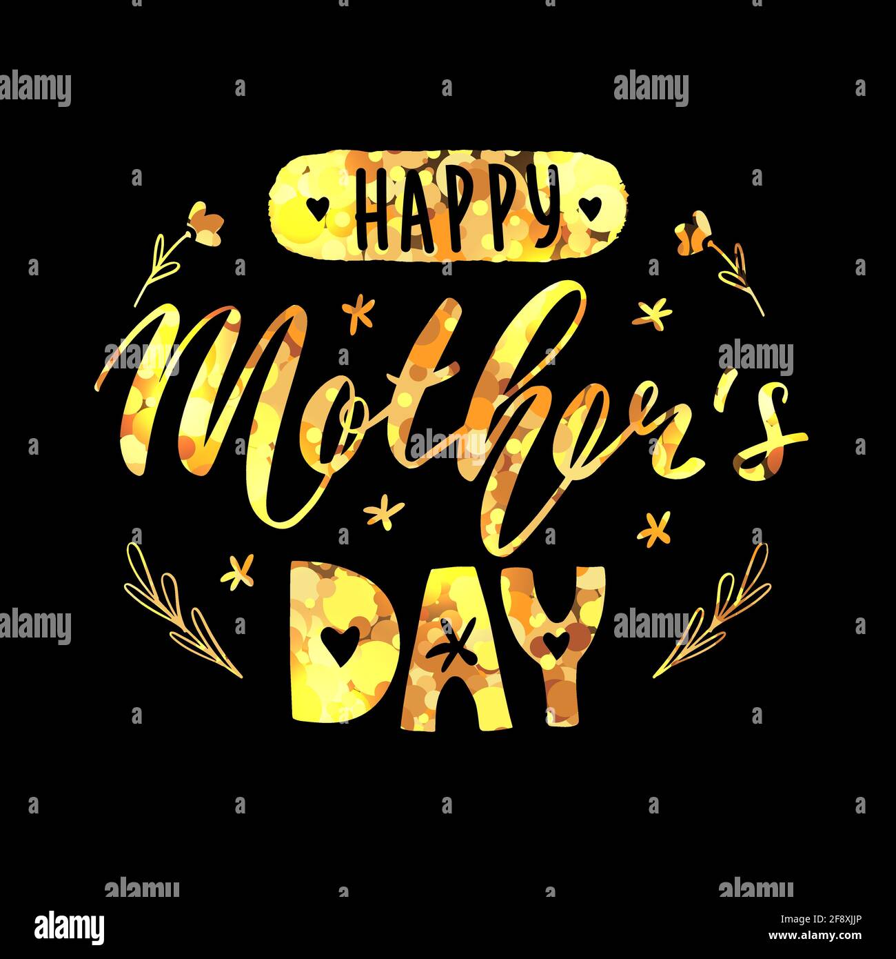 Happy mother's day lettering calligraphy card. Vector greeting illustration. Golden glitter on black background. EPS 10 Stock Vector