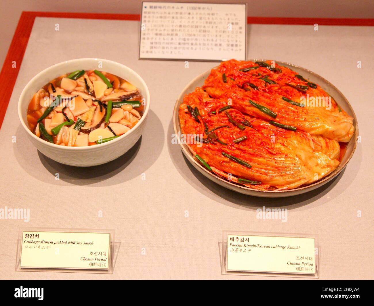 A display of a typical, traditional Korean meal of soup and kimchi. At