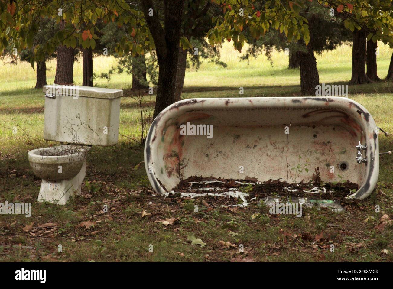 Old bathtub and toilet seat used as yard decor in rural Virginia, USA Stock Photo
