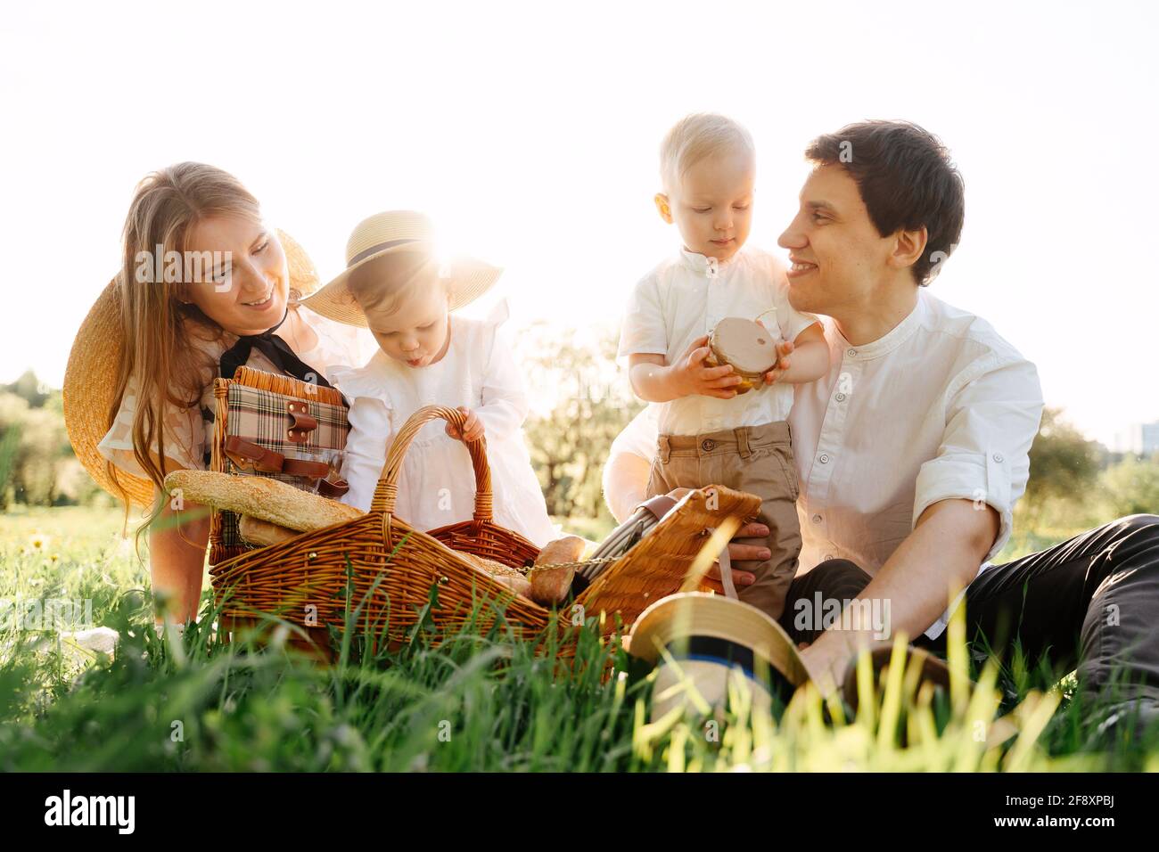 Family child parents with children at a picnic. Stock Photo