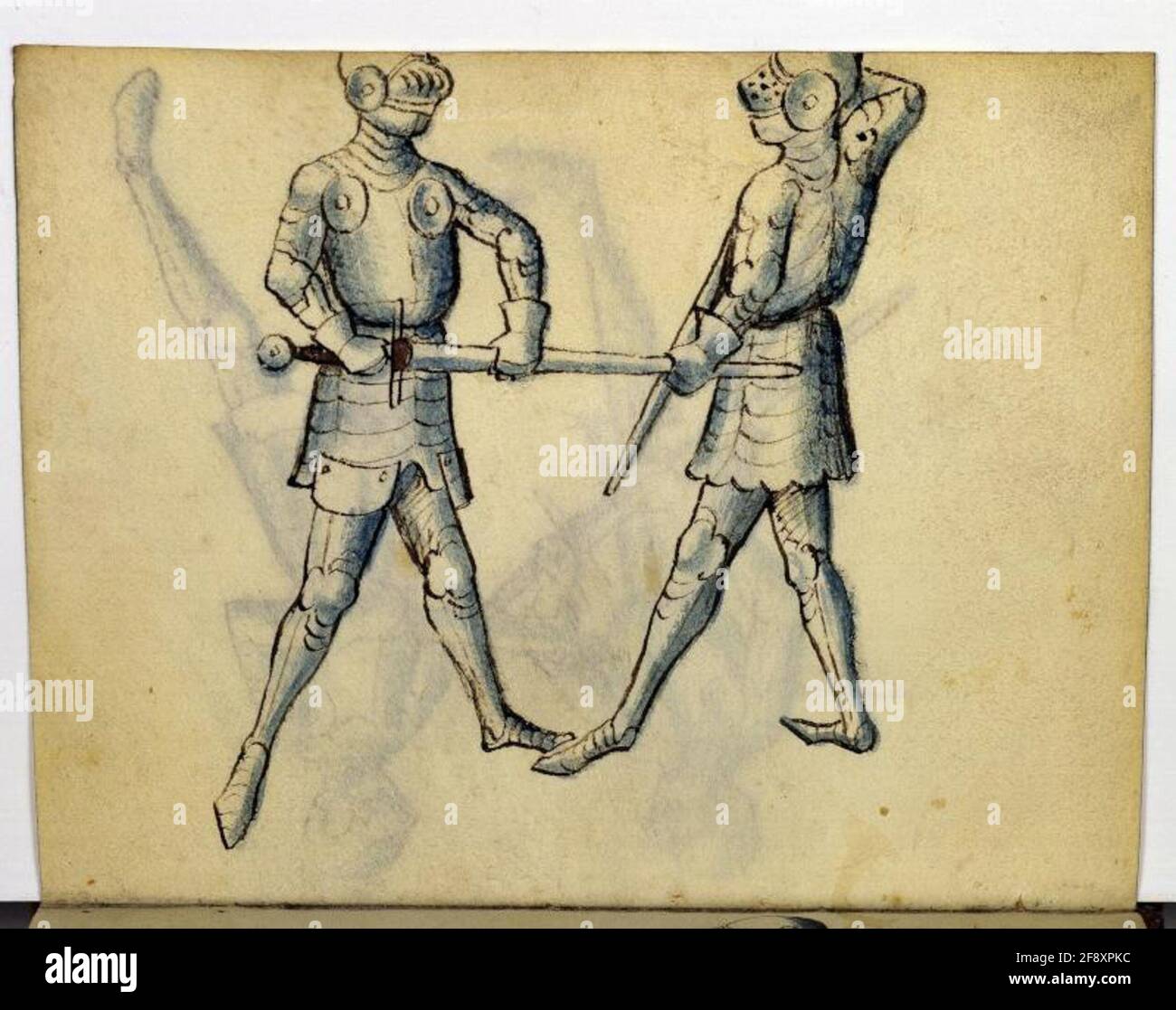 Cod. 11093, fol. 9v: Book on Swordsmanship and Wrestling Full page: fencing scene; pen and brush drawing, Southwestern Germany, mid-15th c. Stock Photo