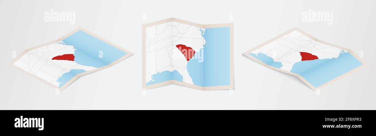 Folded map of South Carolina in three different versions. Vector map of ...