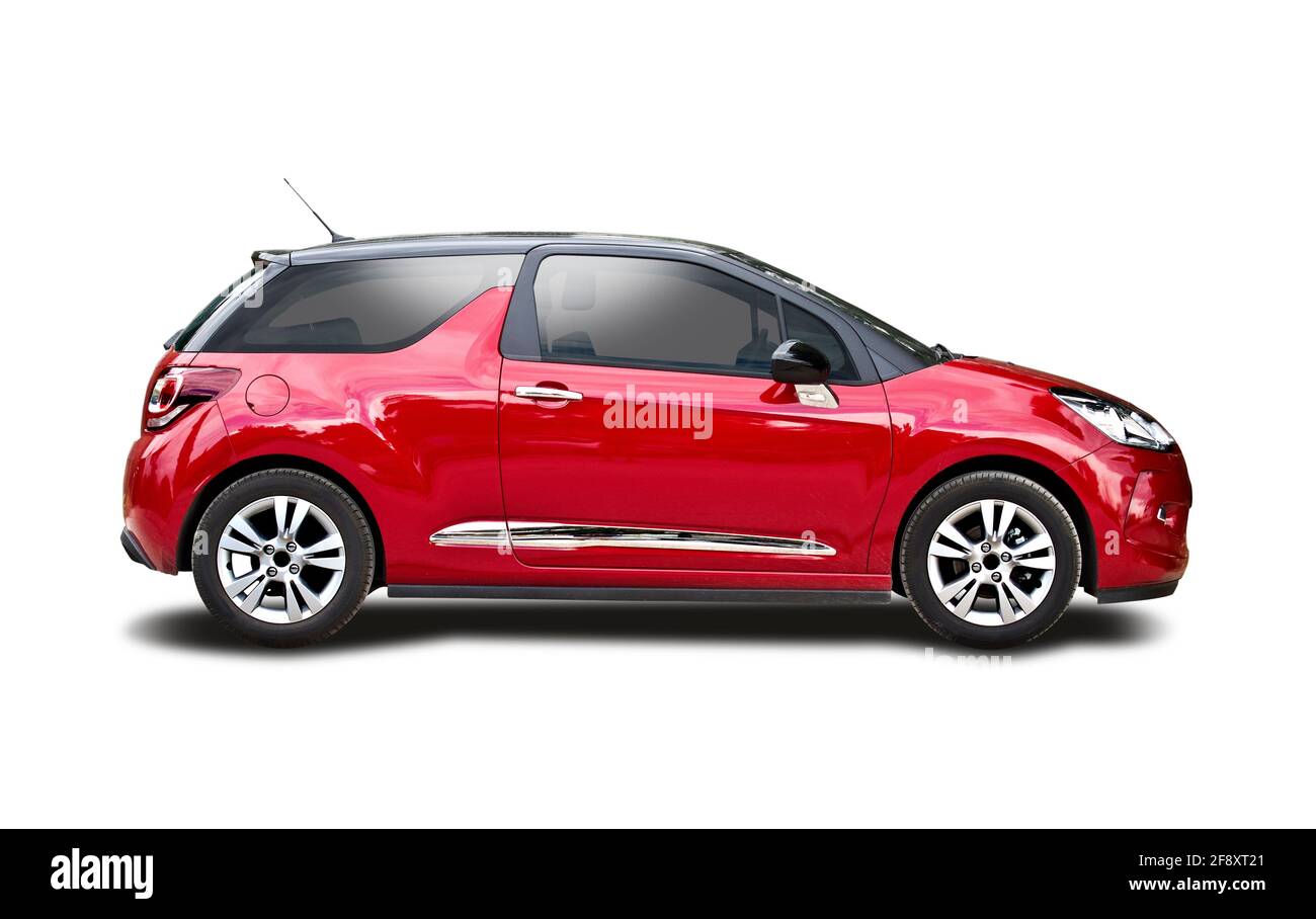 Red Citroen DS3 hatchback car side view on white background Stock Photo - Alamy