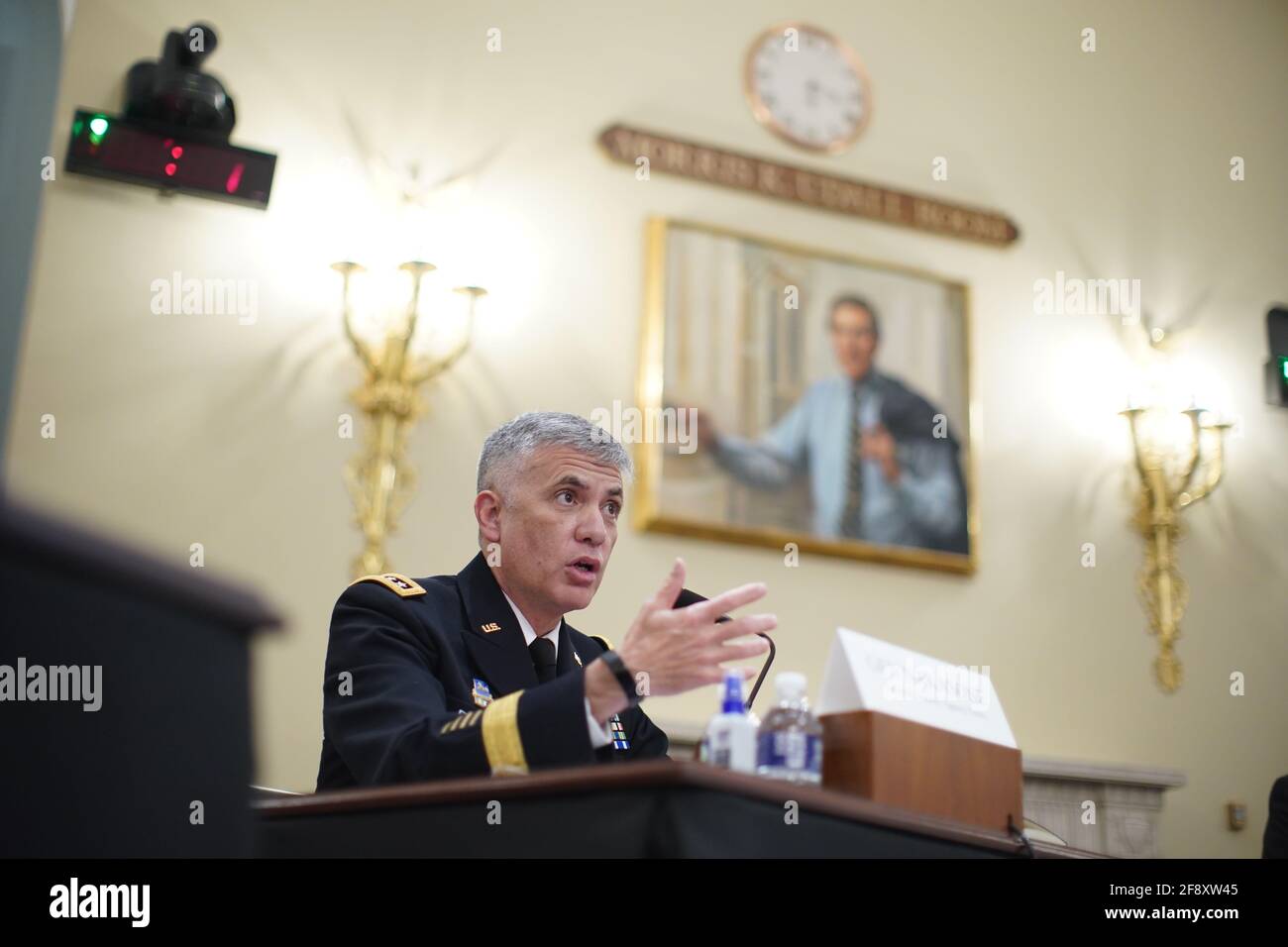 Washington, USA. 15th Apr, 2021. Paul Nakasone, director of the National Security Agency (NSA) and commander of the U.S. Cyber Command, speaks during a House Intelligence Committee hearing in Washington, DC, U.S., on Thursday, April 15, 2021. The hearing follows the release of an unclassified report by the intelligence community detailing the U.S. and its allies will face 'a diverse array of threats' in the coming year, with aggression by Russia, China and Iran. Photo by Al Drago/Pool/Sipa USA Credit: Sipa USA/Alamy Live News Stock Photo