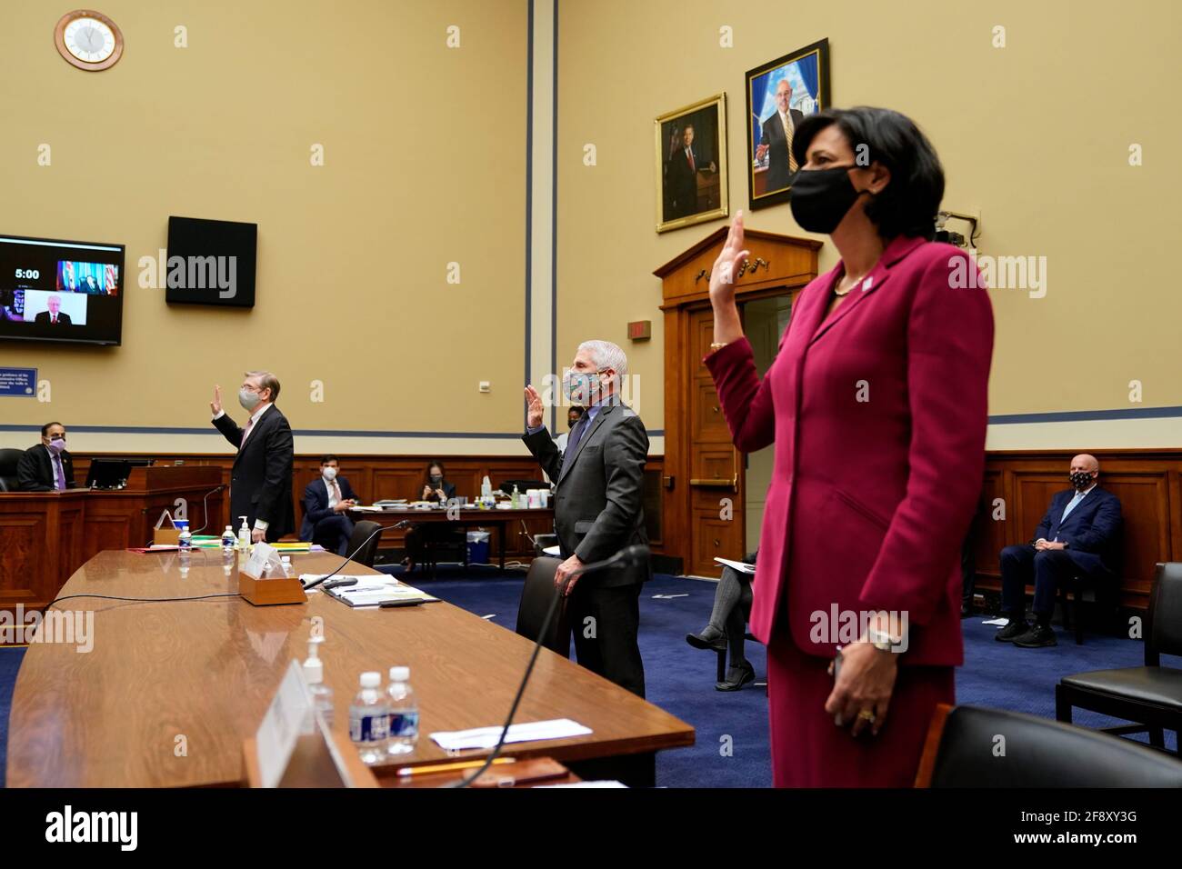 Washington, USA. 15th Apr, 2021. Dr. David Kessler Dr. Anthony Fauci and CDC Director Rochelle Walensky were sworn in for the House Select Subcommittee on the Coronavirus Crisis holds a hearing on the Capitol Hill in Washington, on Thursday, April 15, 2021. (Photo by Amr Alfiky/Pool/Sipa USA) Credit: Sipa USA/Alamy Live News Stock Photo