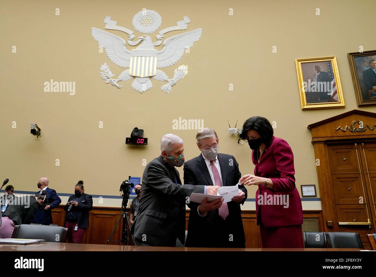 Washington, USA. 15th Apr, 2021. Dr. Anthony Fauci, Dr. David Kessler, and CDC Director Rochelle Walensky before the House Select Subcommittee on the Coronavirus Crisis holds a hearing on the Capitol Hill in Washington, on Thursday, April 15, 2021. (Photo by Amr Alfiky/Pool/Sipa USA) Credit: Sipa USA/Alamy Live News Stock Photo