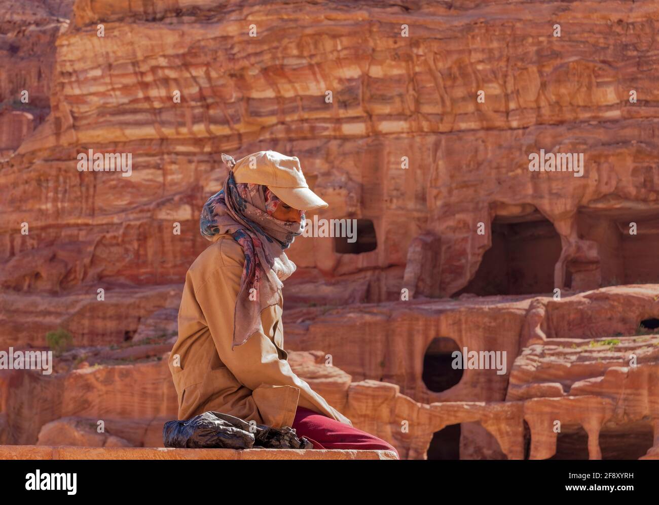 Bedouins Portrait In Front Of Amphitheater, Petra, Jordan Stock Photo