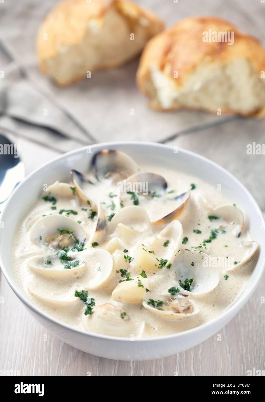 Creamy Clam Chowder on a plate. High quality photo. Stock Photo