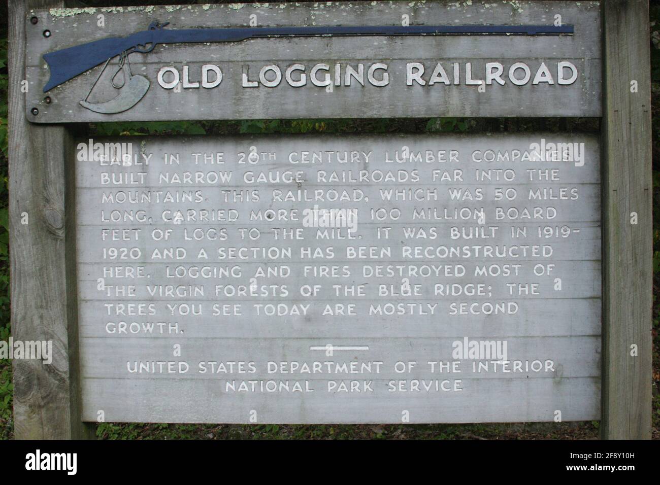 Information at the Old Logging Railroad, built in 1919, reconstructed on the Blue Ridge Parkway in Virginia, USA Stock Photo