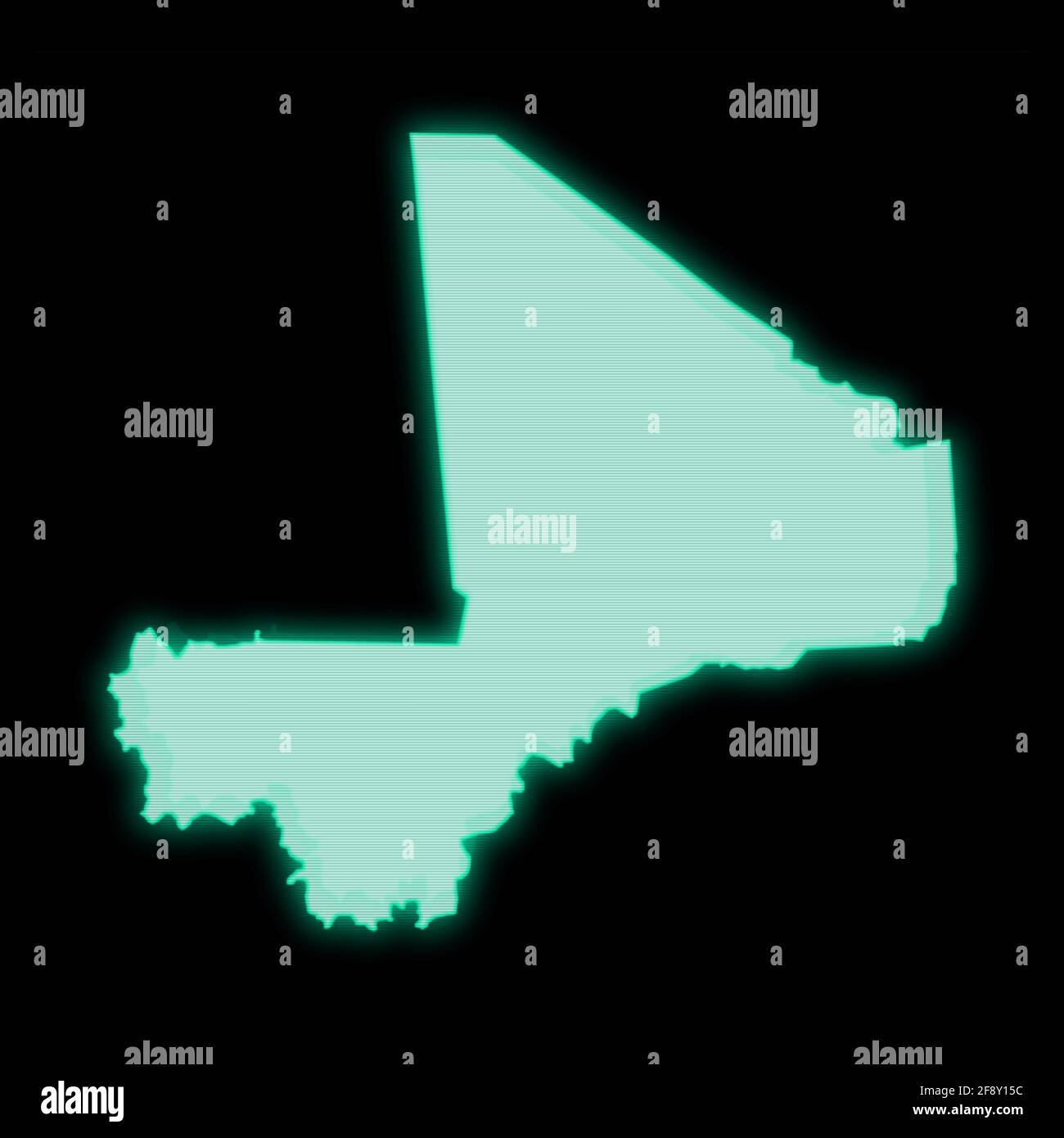 Map of Mali, old green computer terminal screen, on dark background