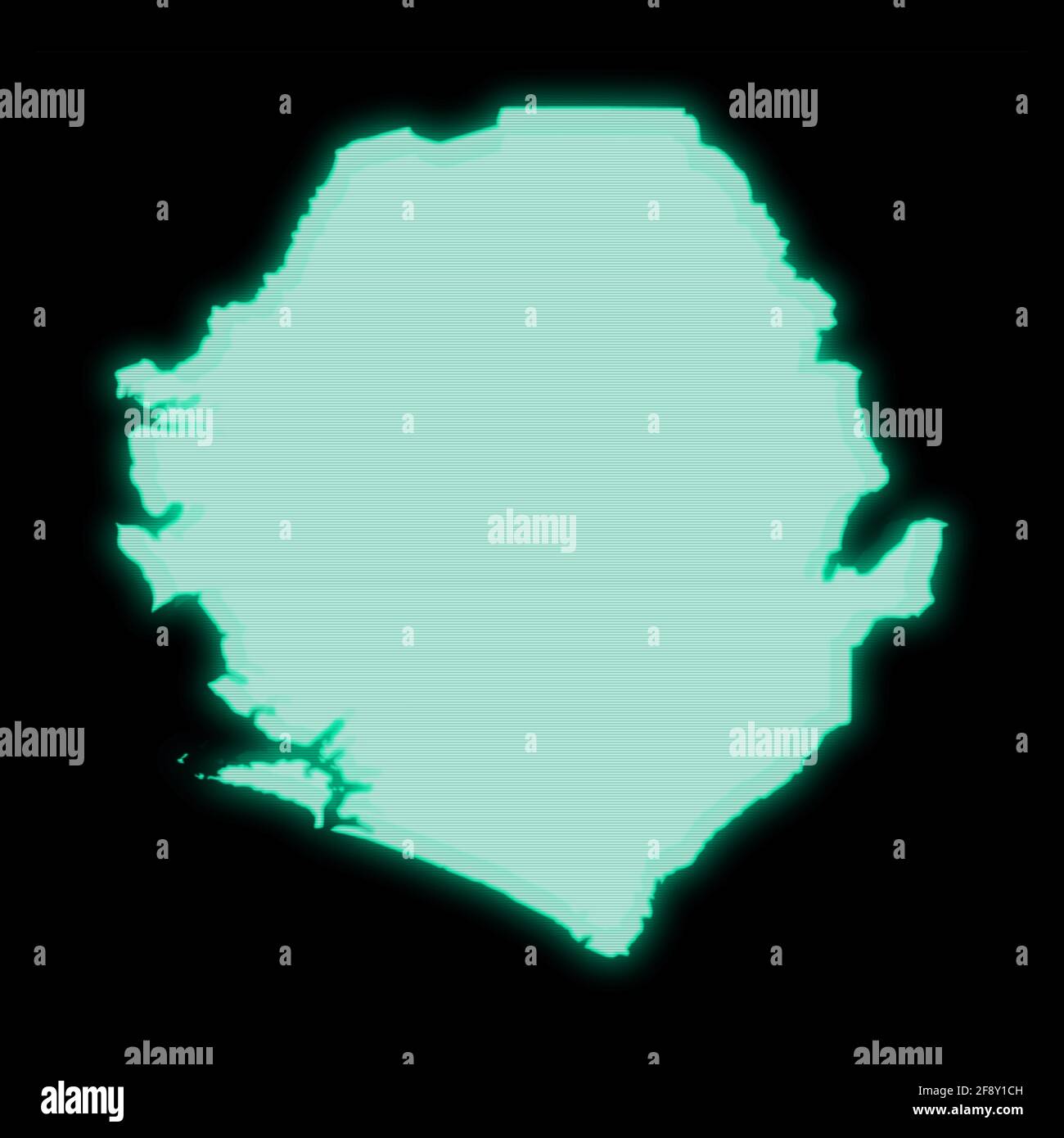 Map of Sierra Leone, old green computer terminal screen, on dark ...