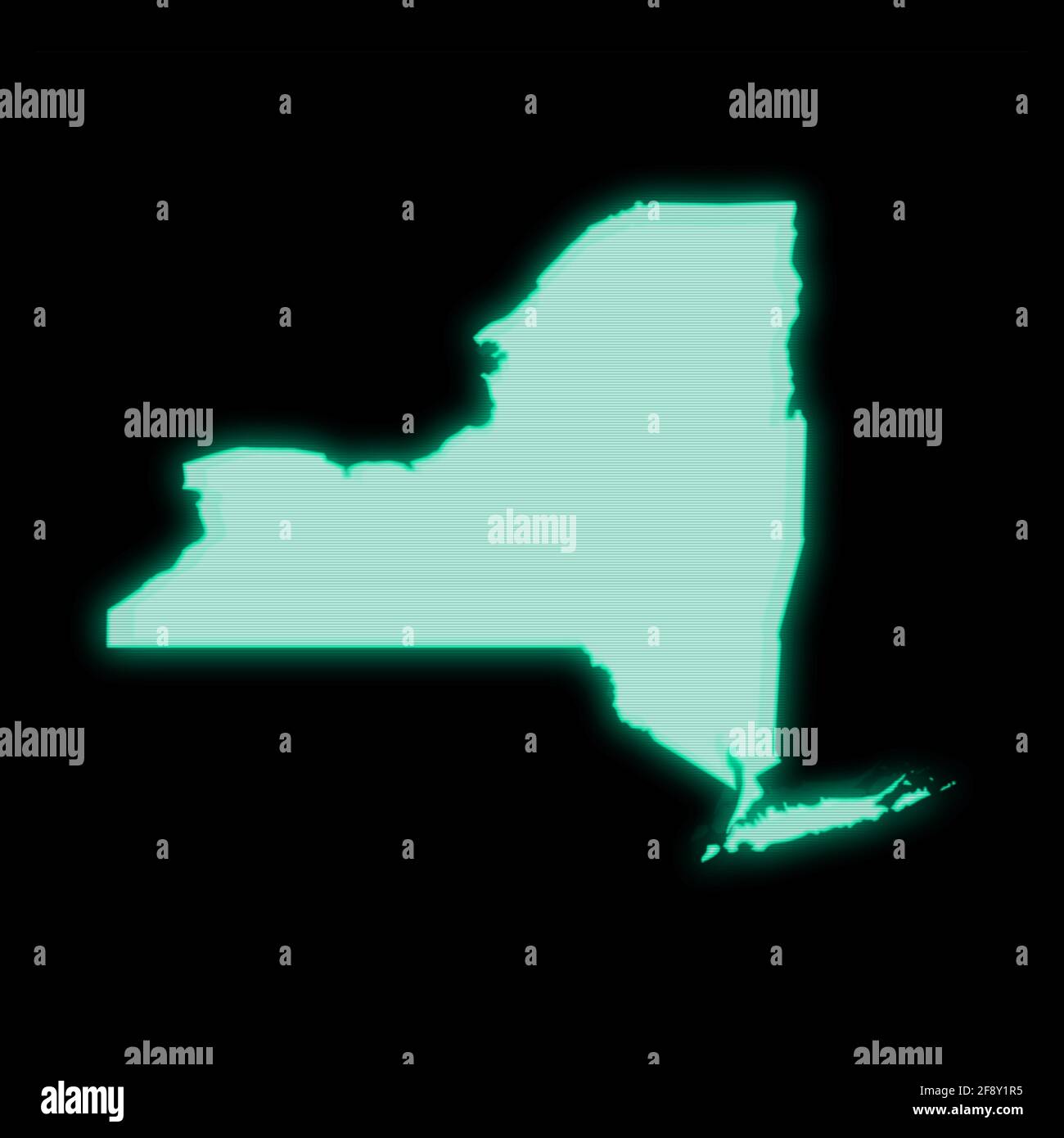 Map of New York, old green computer terminal screen, on dark background Stock Photo