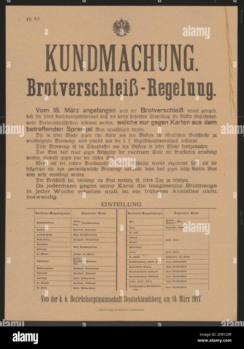 Bread wear - announcement - Deutschlandsberg from 18 March New regulation of bread sale - issue only against maps from relevant blasting - Collection of the division of the sprendel - Details and provisions for handling, issuing and validity of the ID card - K.K. District Hauptmannschaft Deutschlandsberg, on 14 March 1917 - 19 B 16/1 Stock Photo