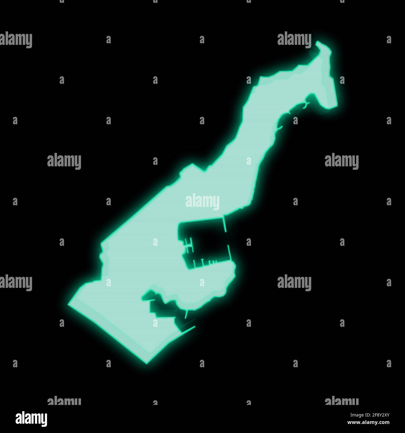 Map of Monaco, old green computer terminal screen, on dark background ...