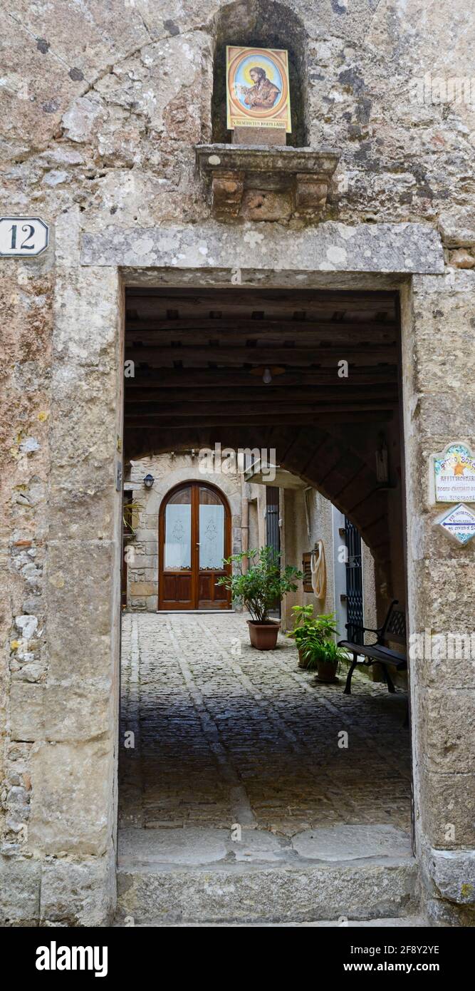 Quaint cobblestone alleyway in Erice, Sicily, Italy Stock Photo