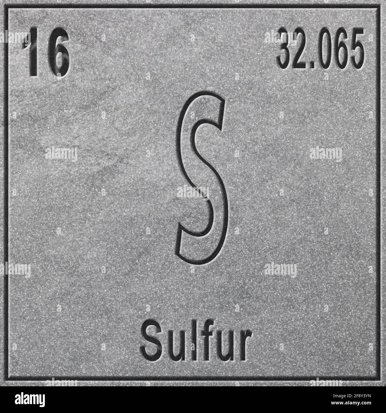 Sulfur chemical element, Sign with atomic number and atomic weight, Periodic Table Element, silver background Stock Photo