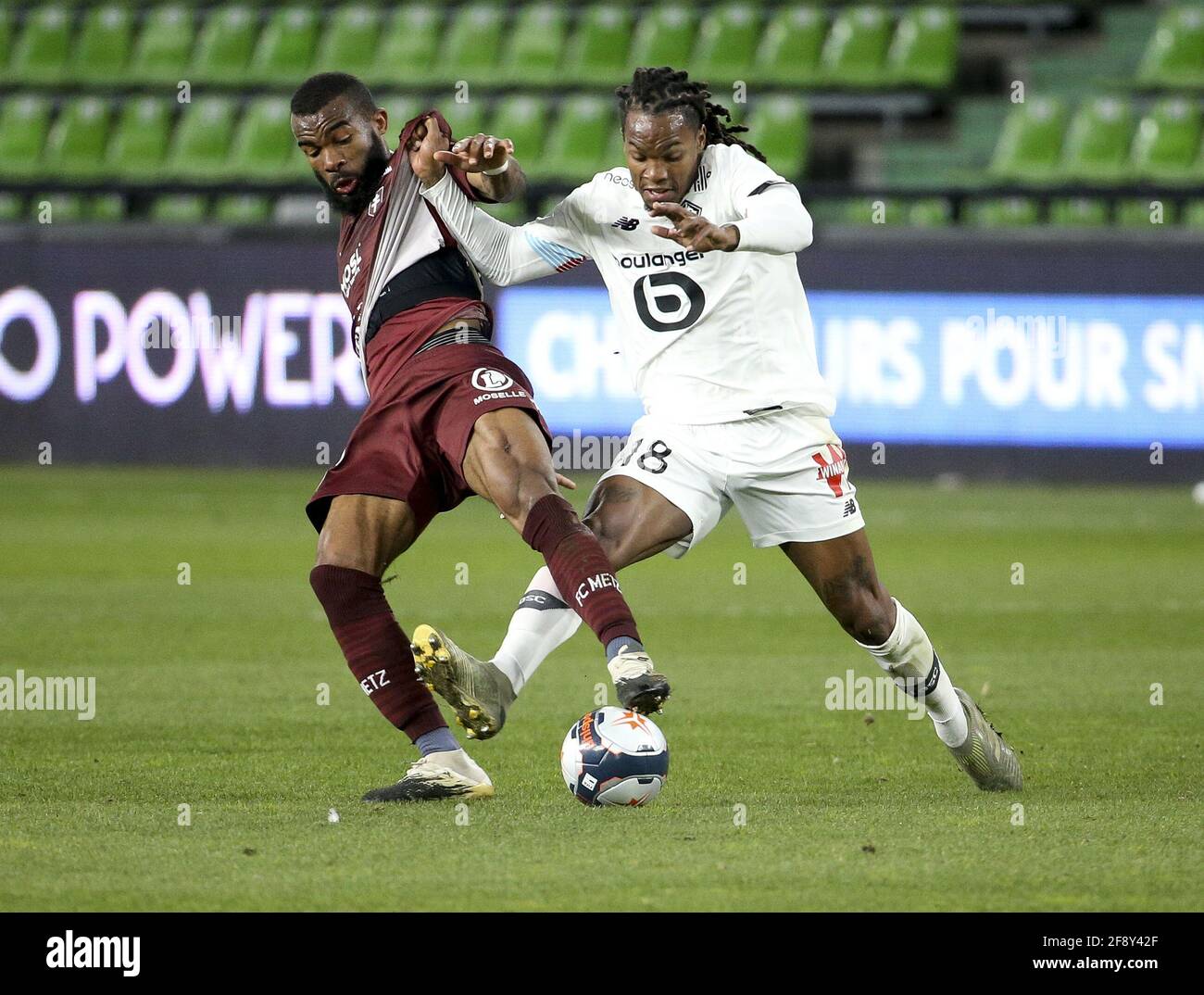 Renato Sanches of Lille, Habib Maiga of FC Metz (left) during the French  championship Ligue 1 football match between FC Metz and Lille OSC (LOSC) on  April 9, 2021 at Stade Saint-Symphorien