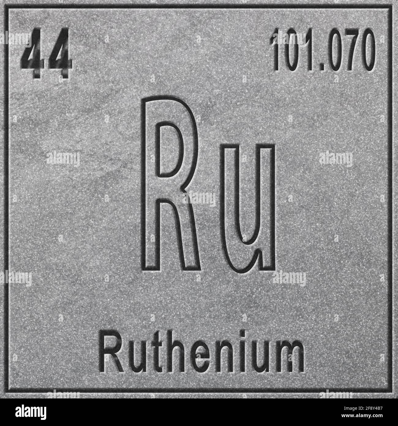 Ruthenium chemical element, Sign with atomic number and atomic weight, Periodic Table Element, silver background Stock Photo