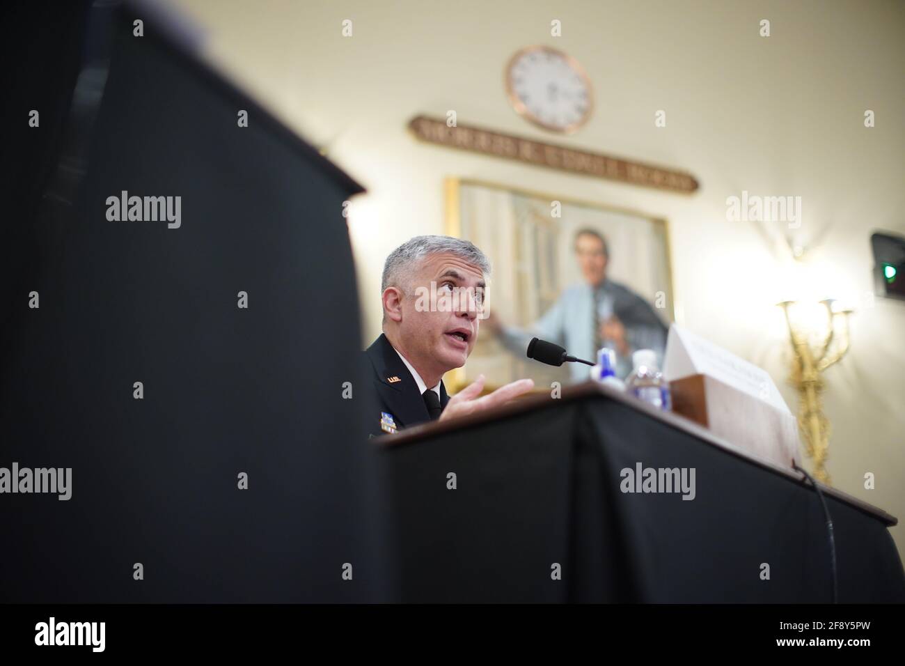Washington, DC, USA. 15th Apr, 2021. Paul Nakasone, director of the National Security Agency (NSA) and commander of the U.S. Cyber Command, speaks during a House Intelligence Committee hearing in Washington, DC, U.S., on Thursday, April 15, 2021. The hearing follows the release of an unclassified report by the intelligence community detailing the U.S. and its allies will face 'a diverse array of threats' in the coming year, with aggression by Russia, China and Iran. Credit: Al Drago/Pool via CNP | usage worldwide Credit: dpa/Alamy Live News Stock Photo