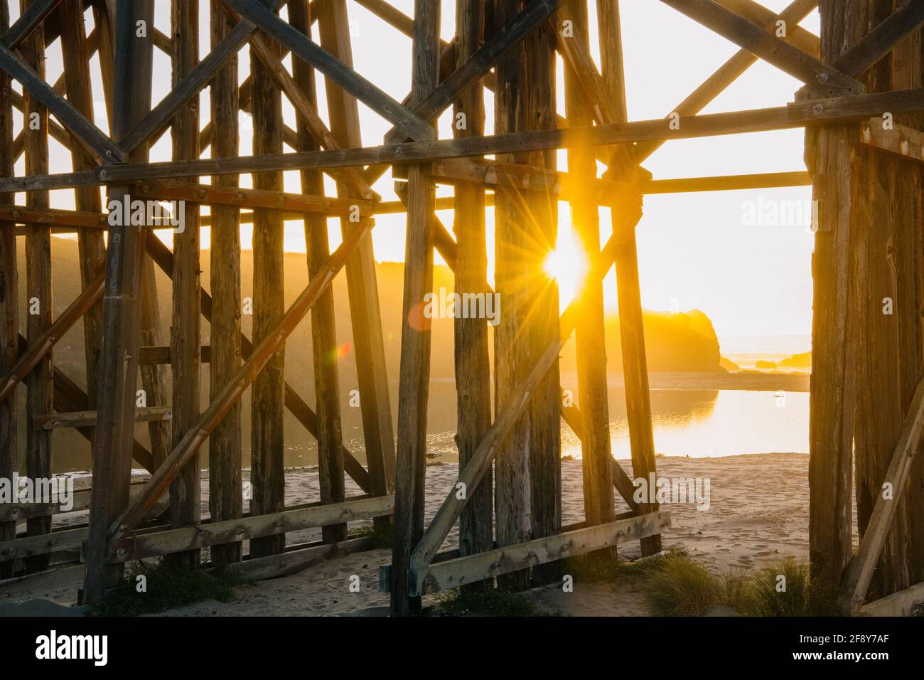 Bridge at sunset, Pudding Creek Trestle, Fort Bragg, California, USA Stock Photo