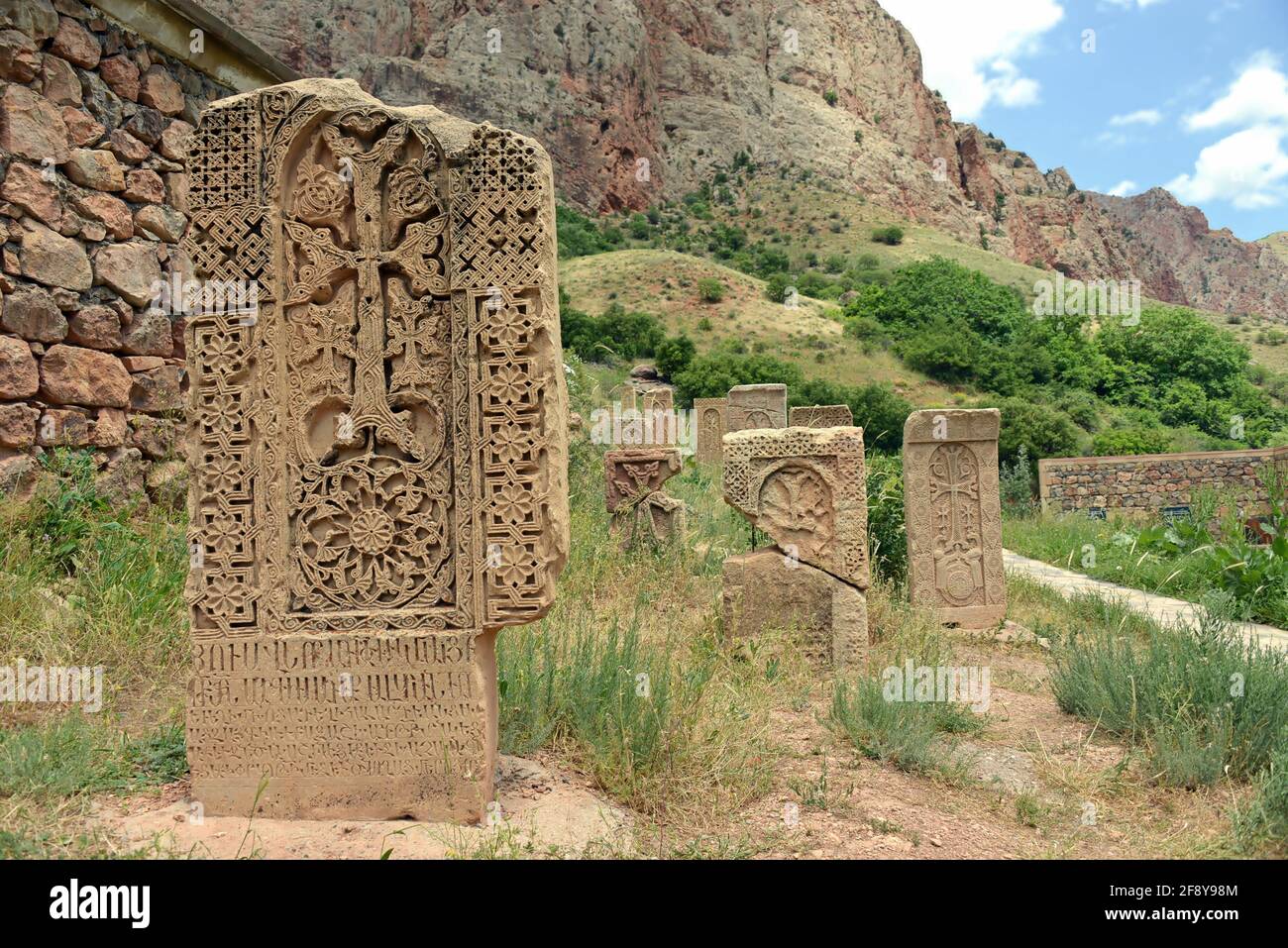The khachkar is a carved funerary stone that is typically found in Armenia,here it is in the Noravank monastery,near the city of Yeghegnadzor, Armenia Stock Photo