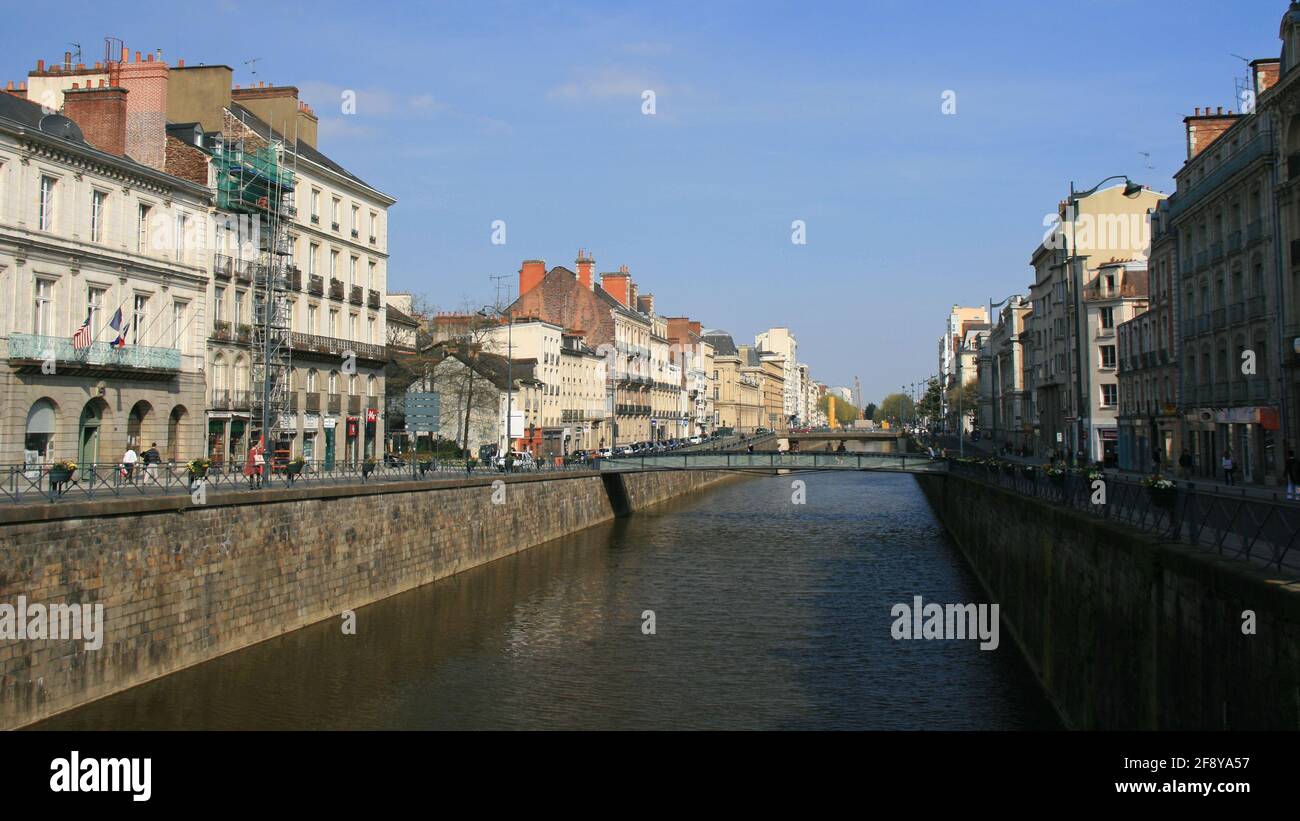 river vilaine, quay and buildings in rennes in brittany (france) Stock Photo