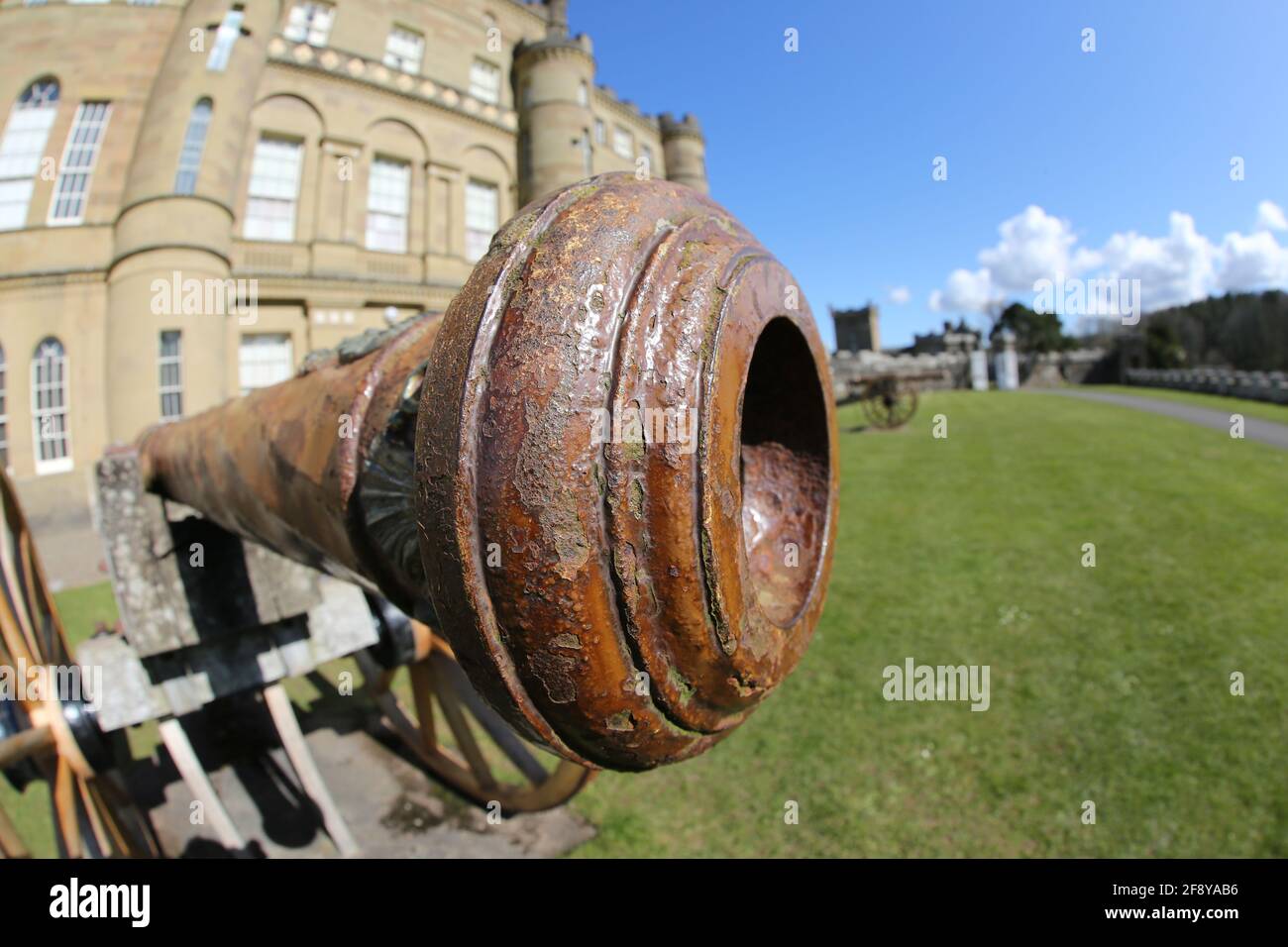 Scotland, Ayrshire,Culzean Castle& grounds 12 Apr 2021 Two Cannons at the front of the castle which date back to 1702 Stock Photo