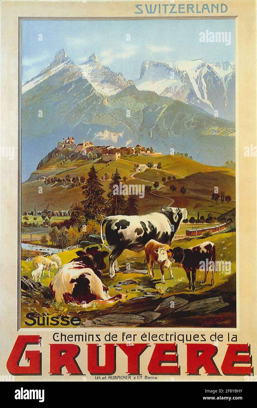 A vintage travel poster for Gruyere in Switzerland Stock Photo