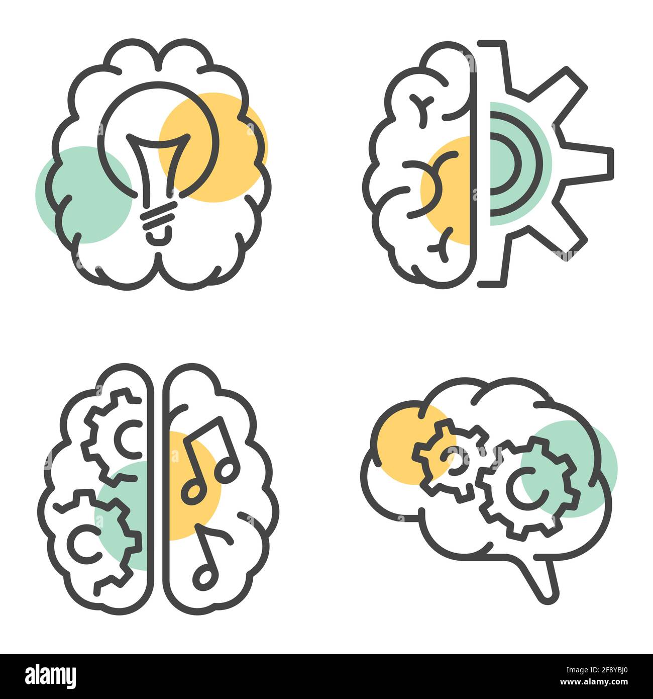 Set of vector illustrations of linear style brain icons with colorful ...