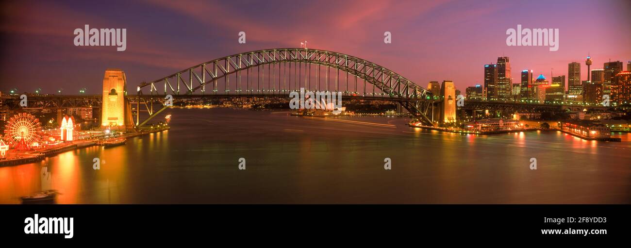 Scenic view of Sydney Harbor Bridge at dusk, Sydney, Australia Stock Photo
