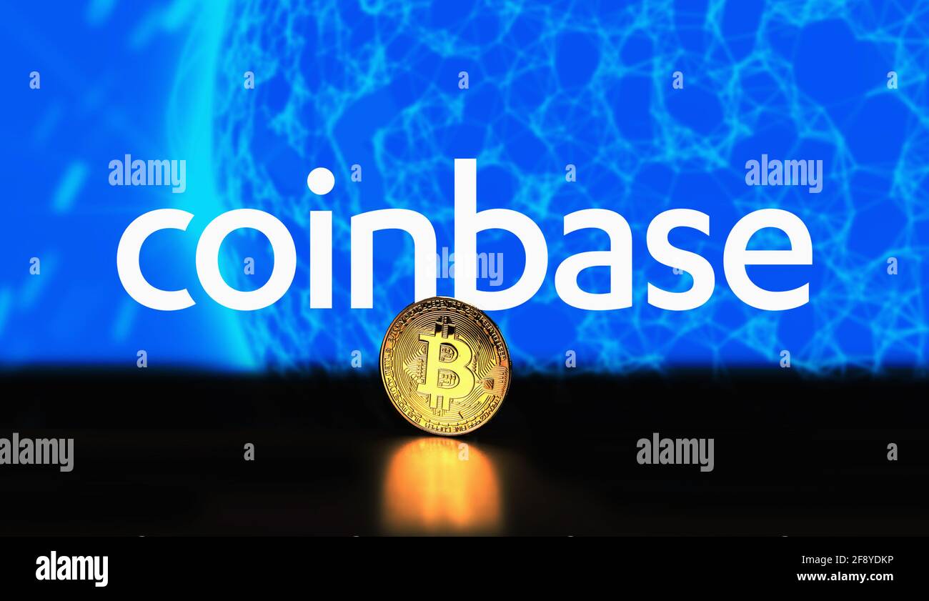 Coinbase cryptocurrency stock market name on abstract digital background.  Coinbase logo with Bitcoin cryptocurrency in the United States. Coinbase  cry Stock Photo - Alamy