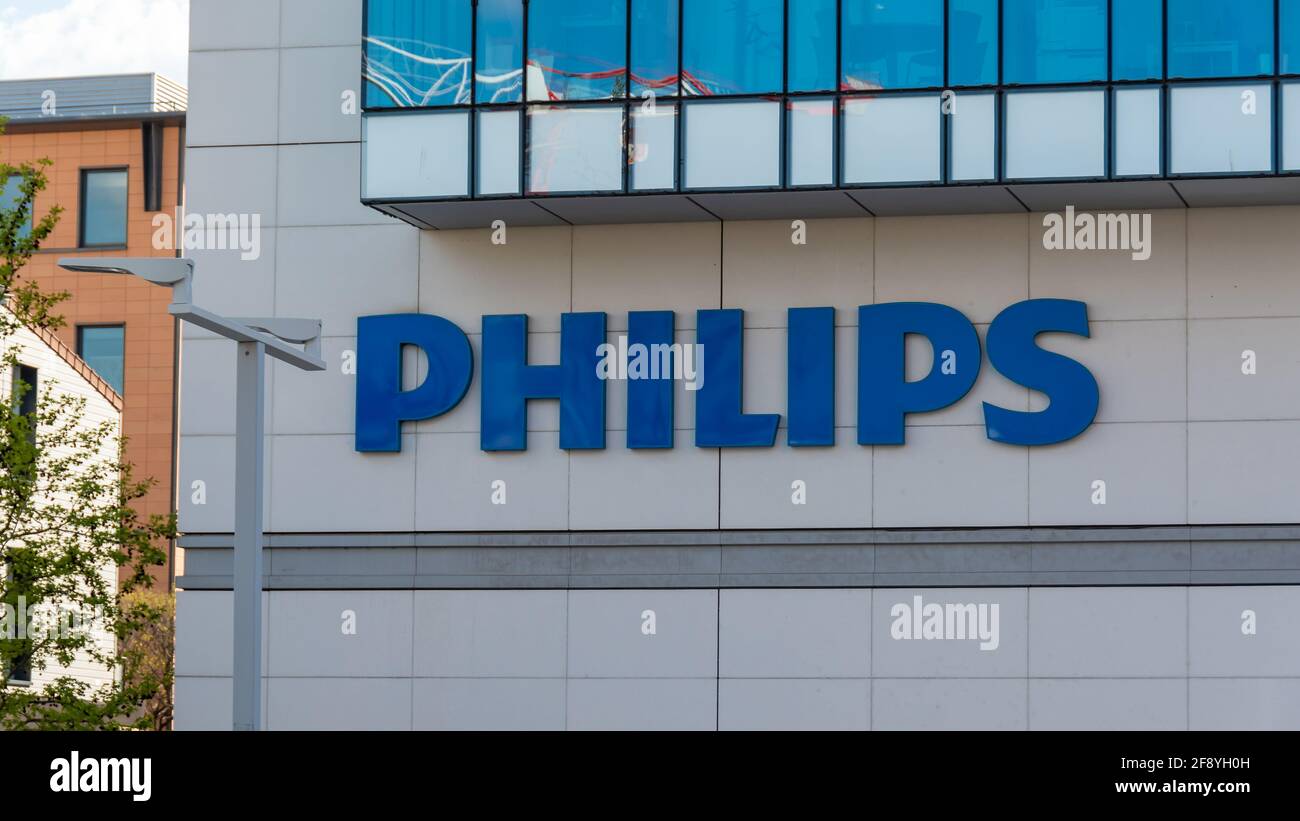 Logo on the facade of the French headquarters of Philips, a Dutch group specializing in household appliances, medical equipment and lighting Stock Photo