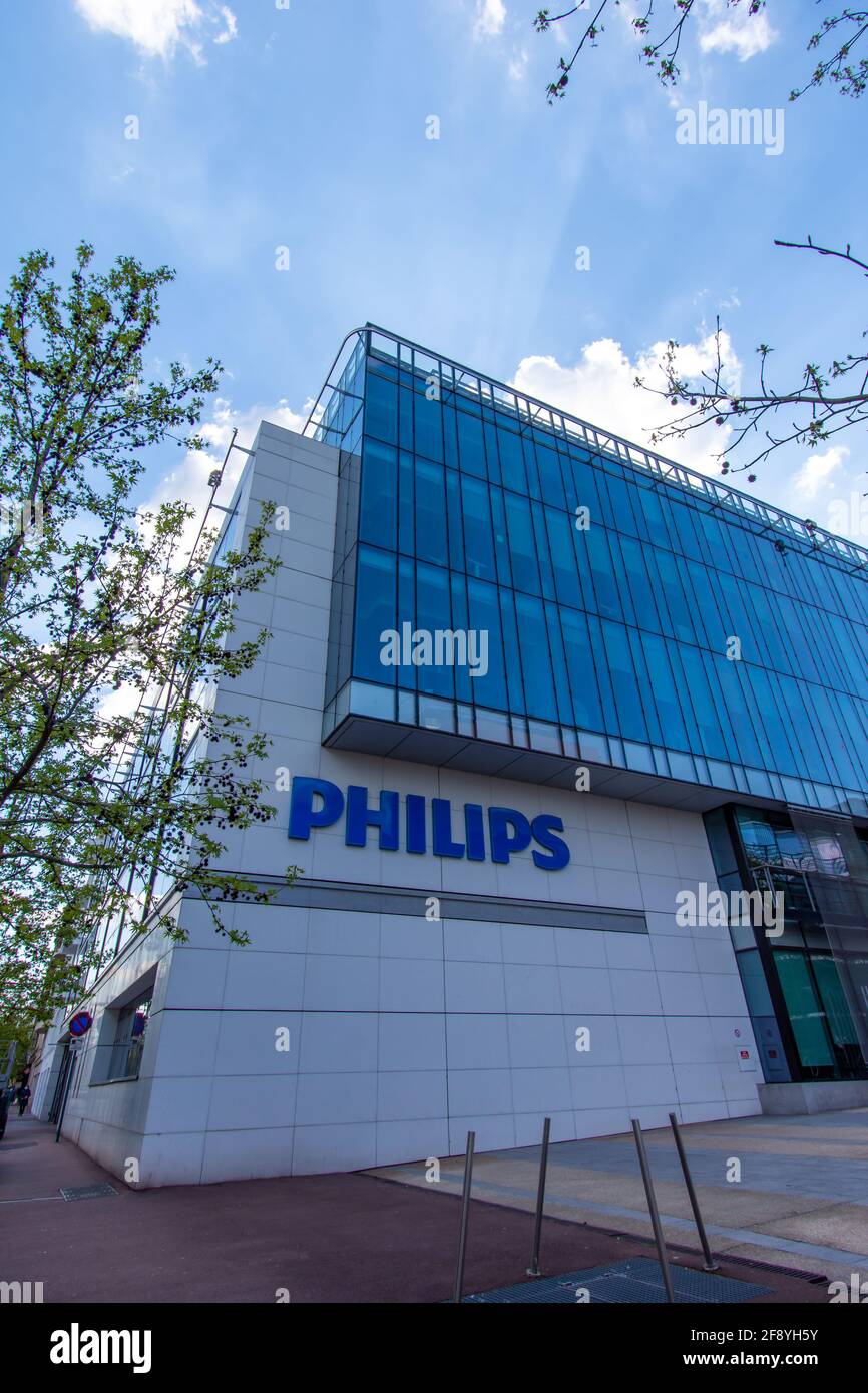 Exterior view of the French headquarters of Philips, an international Dutch group specializing in household appliances, medical equipment and lighting Stock Photo