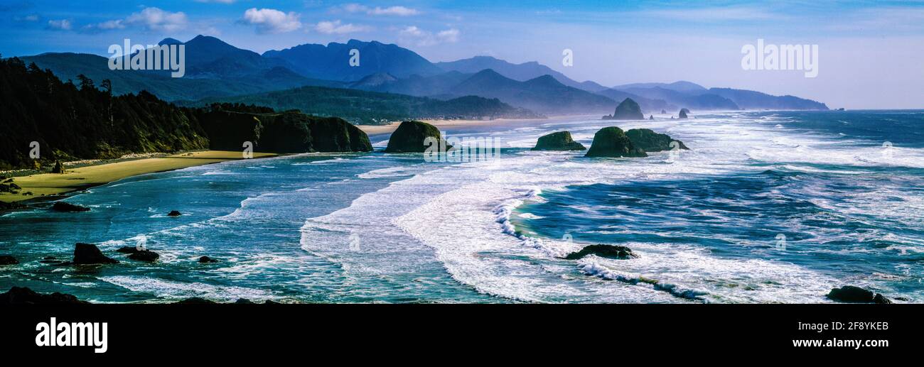 Aerial view of coast and sea stacks, Cannon Beach, Oregon, USA Stock Photo