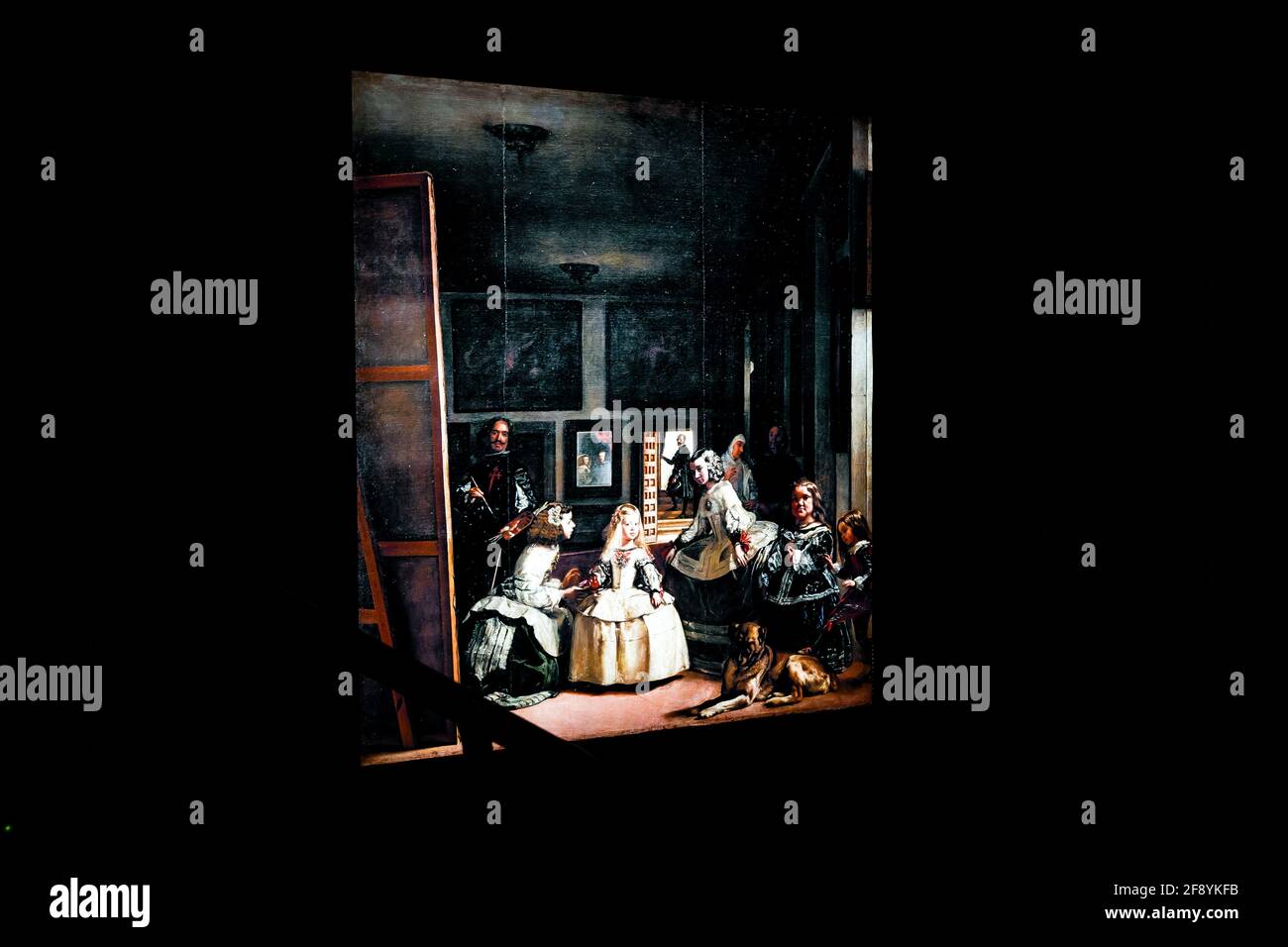 Recreation of the painting 'Las Meninas' by Diego Velázquez at the Velázques Tech during the inauguration.Within the framework of World Art Day the Interactive Museum of Velázquez, 'Velázquez tech' located on Calle Atocha 12, was inaugurated with the intention of being an immersive experience in the art of Diego Velázquez and his Meninas. The museum has 8 rooms with dozens of high-tech projectors, where you can experience different ways of appreciating the art and history of this seventeenth-century Spanish painter who is recognized as one of the greatest exponents of Spanish, European paintin Stock Photo