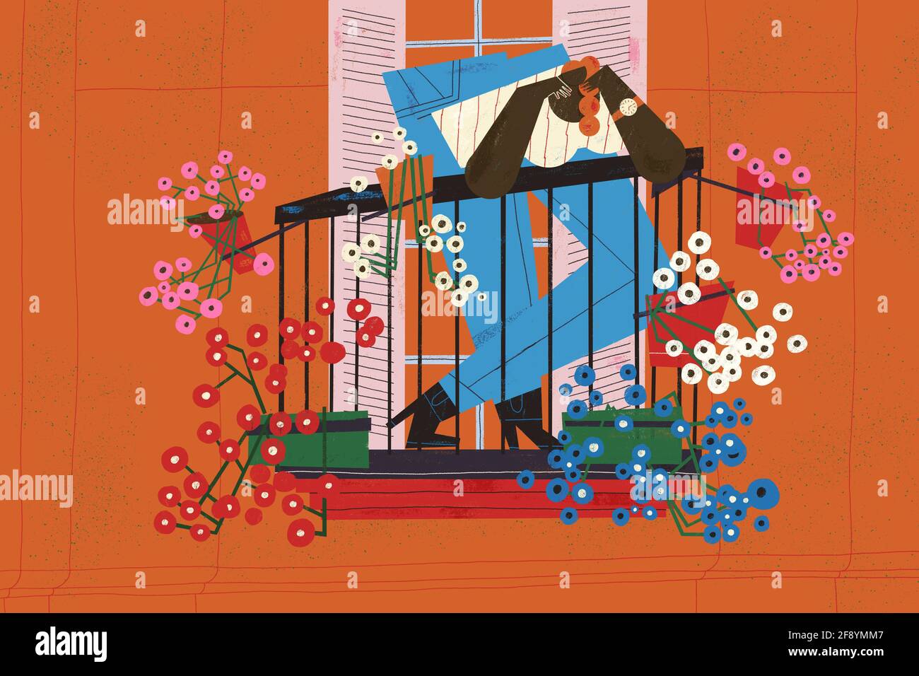 Young adult woman stays positive and enjoys his full colorful flowering balcony. Wellness and lifestyle illustration concept. Stock Photo