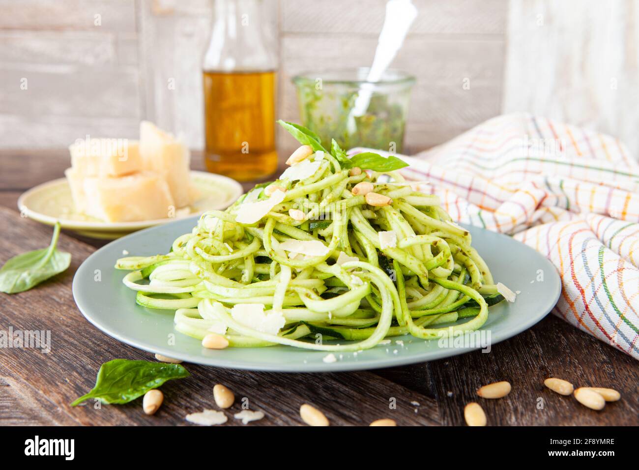 Zucchini Spaghetti With Basil Pesto Stock Photo Alamy